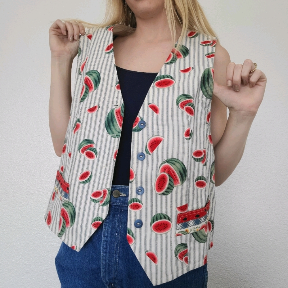Vintage Adorable Watermelon Blue White Summer Vest